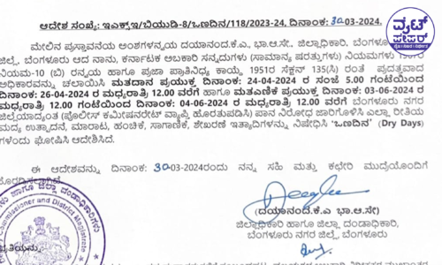 ಚುನಾವಣೆ ಹಿನ್ನೆಲೆಯಲ್ಲಿ ಮದ್ಯ ಮಾರಾಟ ನಿಷೇಧ