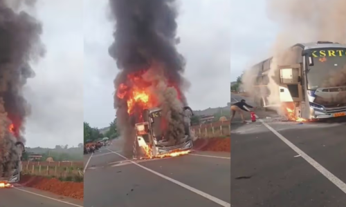 ರಾಣೆಬೆನ್ನೂರು ಬಳಿ ಕೆಎಸ್ ಆರ್ ಟಿಸಿ ಬಸ್ ಗೆ ಬೆಂಕಿ